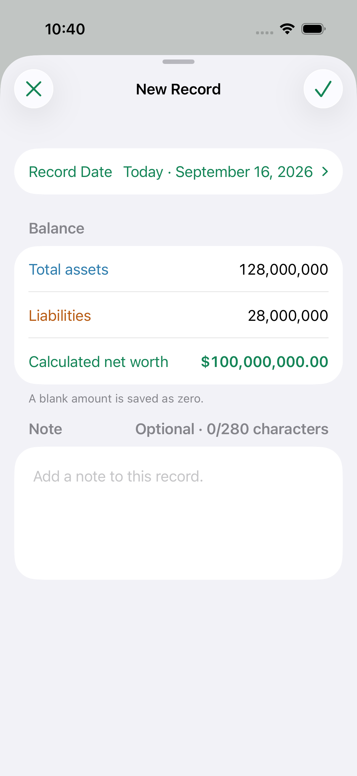 Asset Log new entry screen for recording total assets and liabilities