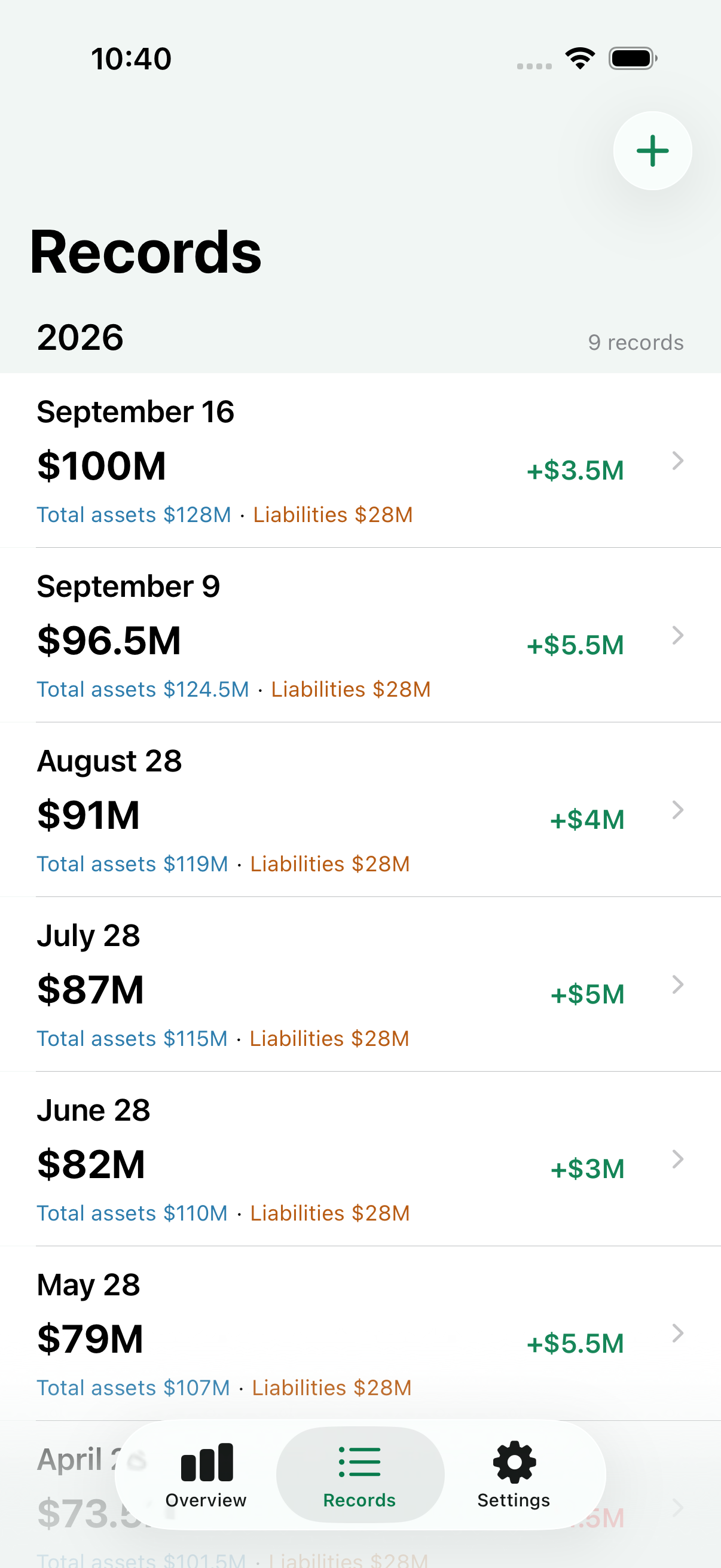 Asset Log record history screen showing past entries and balance changes