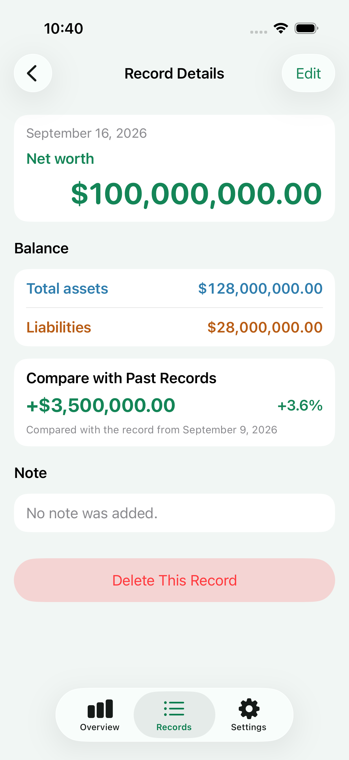 Asset Log record detail screen comparing net worth against earlier milestones